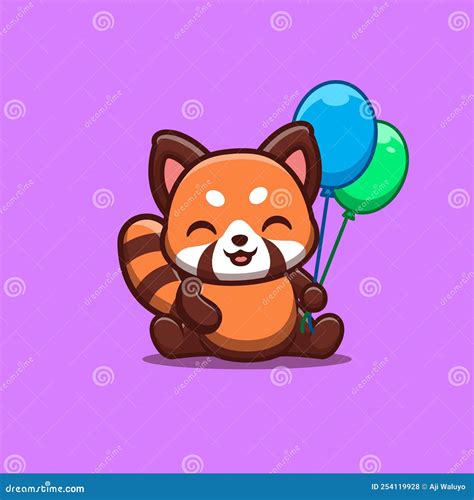 Red Panda Sitting Hold Balloon Cute Creative Kawaii Cartoon Mascot Logo