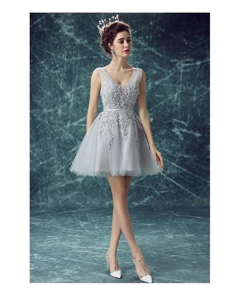 Grey Lace Short Tulle Prom Dresses A Line V Neck With Appliques Lace