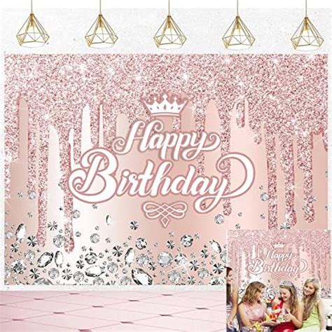 Pink Rose Golden Birthday Backdrop Glitter Diamonds Happy Birthday Photography