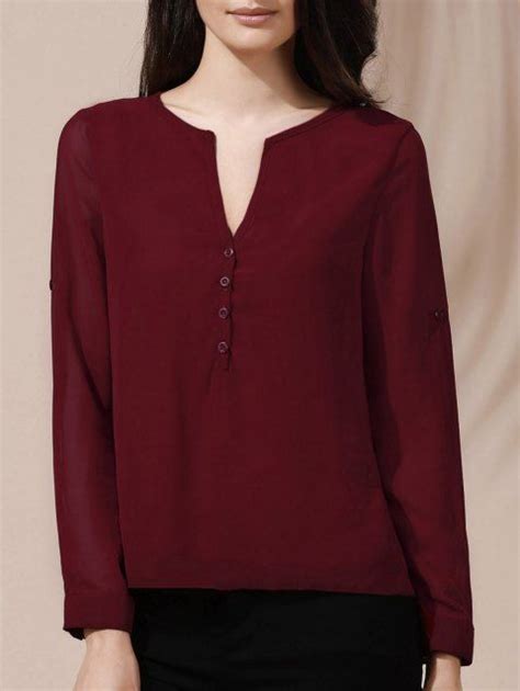 Off V Neck Button Design Long Sleeve Blouse For Women In