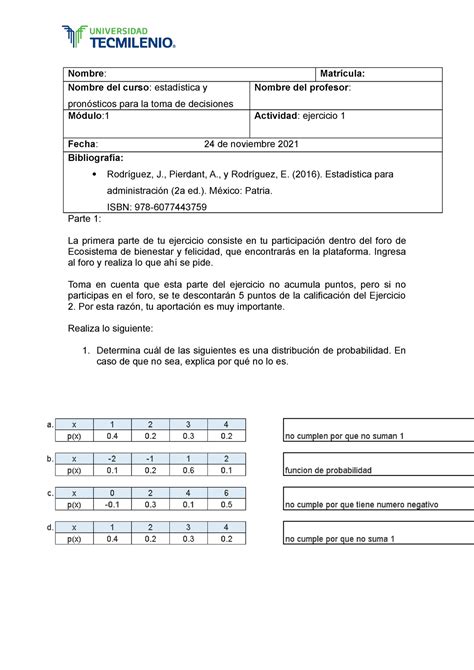 Ejercicio Estadistica Y Pronosticos Para La Toma De Desiciones