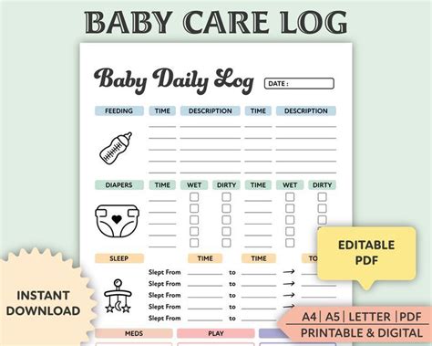 Editable Baby Daily Log Printable Baby Care Log Nanny Log Baby