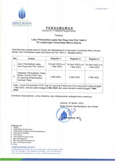 Pengumuman Libur Perkuliahan Pada Hari Raya Idul Fitri 1444 H