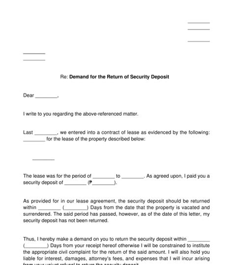 Demand Letter For Return Of Security Deposit