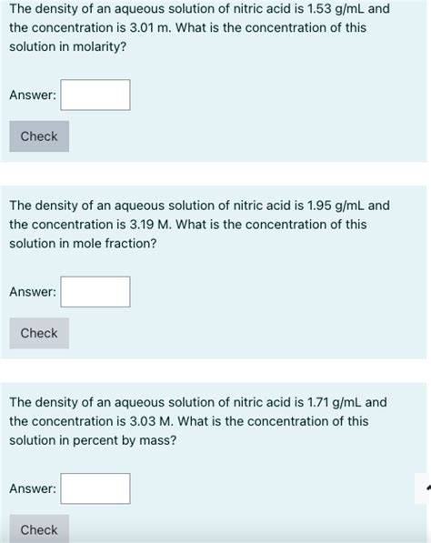 Solved 1 The Density Of An Aqueous Solution Of Nitric Acid Chegg