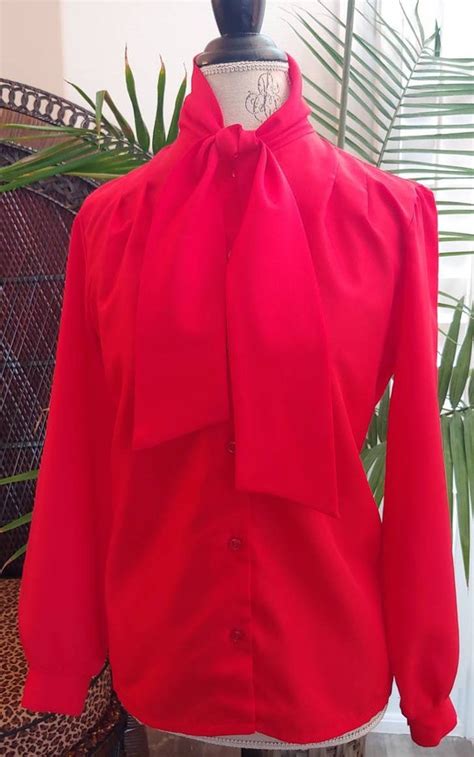 Vintage 1970s Pussy Bow Blouse In Bright Red By Lucky Gem