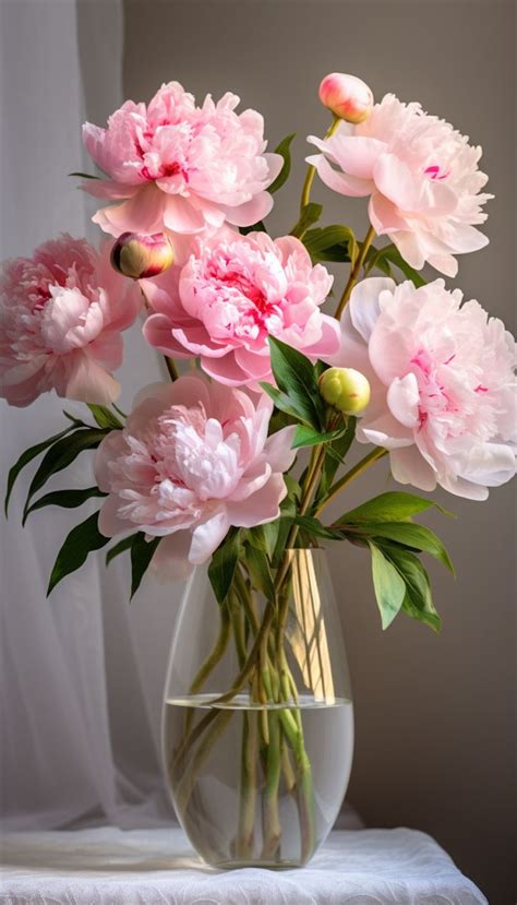 A Vase Filled With Pink Flowers Sitting On Top Of A White Cloth Covered