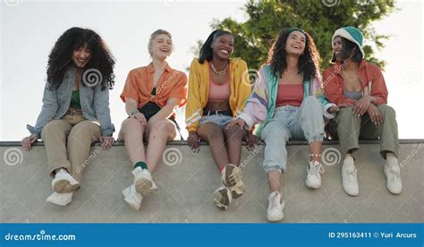 Happy Woman Friends And Laughing At Park For Funny Joke Meme Or