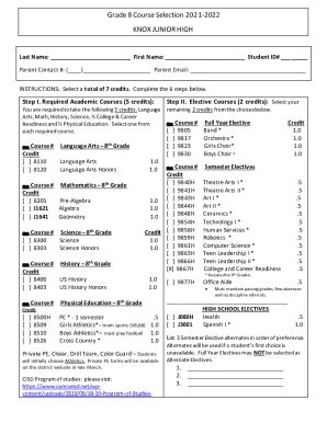 Fillable Online 8th Grade Course Selection Worksheet Xlsx Katy ISD