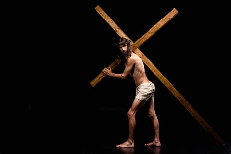 Shirtless Jesus Crucified Wooden Cross Isolated Black Stock Photo By