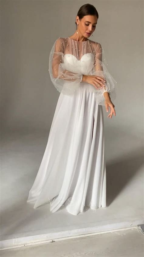 Buy Wedding Pearls Chiffon Dress Corset Long Sleeve Dress Romantic