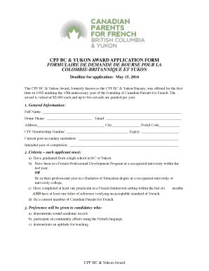 Fillable Online Bc Yk Cpf CPF BC YUKON AWARD APPLICATION FORM