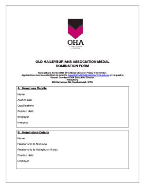 Fillable Online Old Haileyburians Association Medal Nomination Form Fax