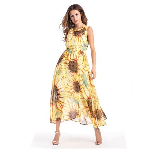 2018 Yellow Sleeveless Sunflower Printing Long Chiffon Maxi Dress