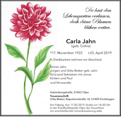 Traueranzeigen Von Carla Jahn Trauer In Nrw De