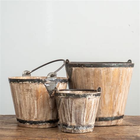 Set of 3 Wooden Buckets Whitewashed - furniture - lighting - decor