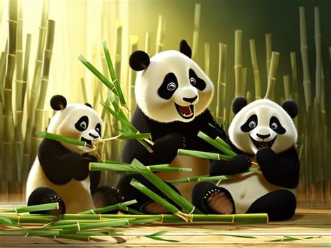 Premium Photo A Cartoon Of Pandas Eating Bamboo