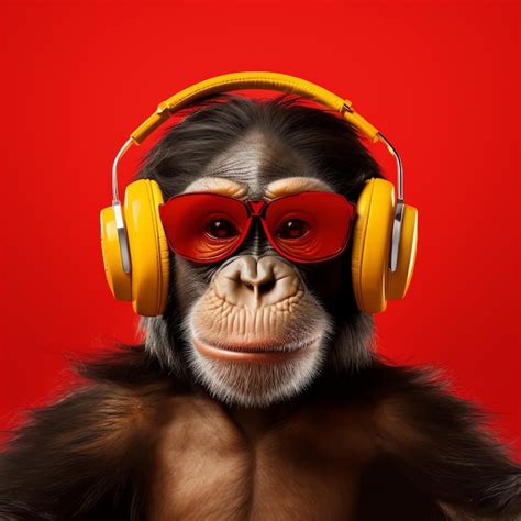 A Monkey Wearing Yellow Headphones And Sunglasses Premium Ai