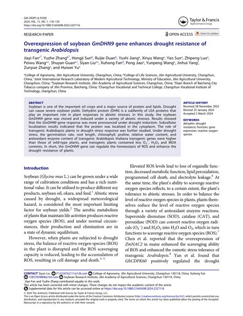 Pdf Overexpression Of Soybean Gmdhn Gene Enhances Drought Resistance