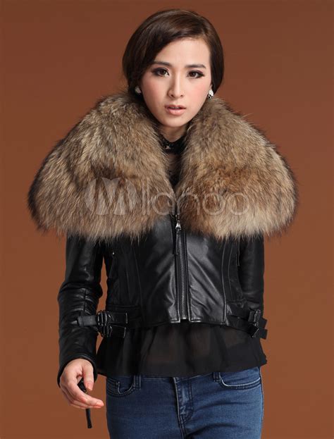 Noble Black Sheepskin Raccoon Fur Collar Womens Fur Jacket