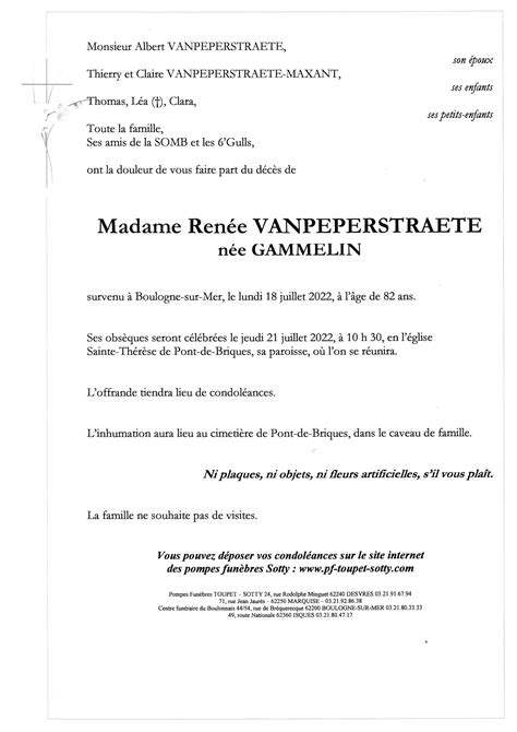 Madame Renée VANPEPERSTRAETE Pompes Funèbres Toupet Sotty