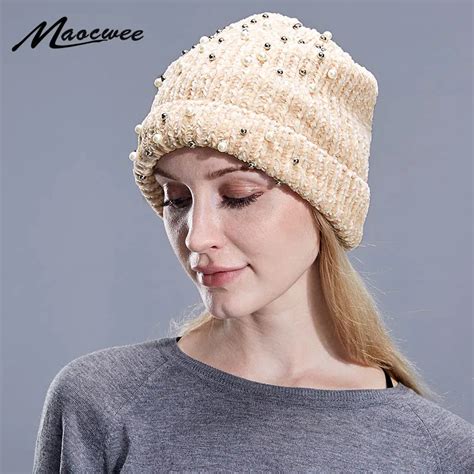 Womens Winter Hat Knitted Wool Flannel Beanies Female Fashion Skullies