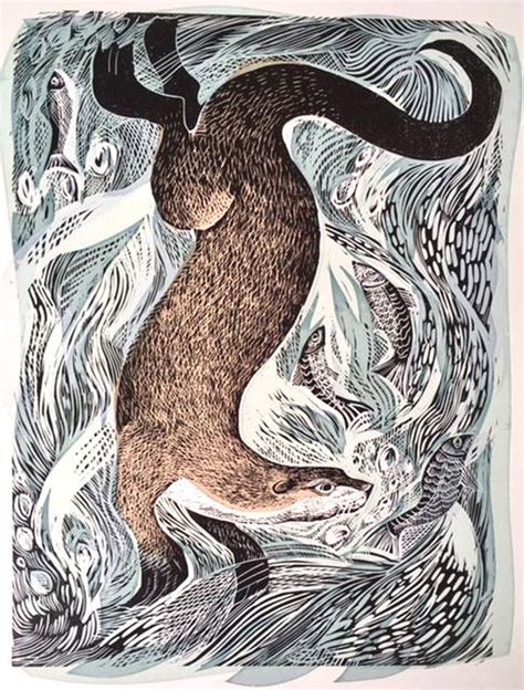 Angela Harding Fishing Otter Woodcut Art Linocut Art Linocut Prints