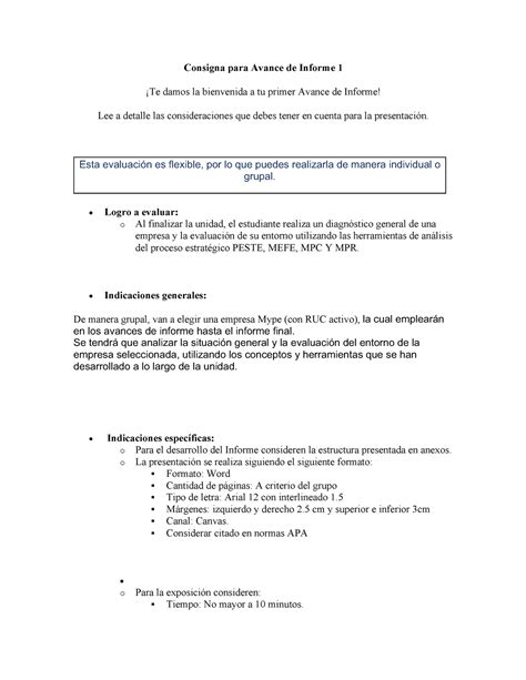 Semana 04 Indicaciones Avance de informe 1 Planificación Consigna