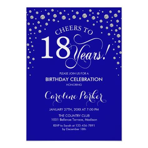 18th Birthday Party Invitation Silver Royal Blue Uk