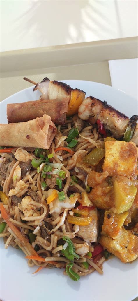 Lunch Pancit Canton With Oyster Sauce Vegetable Spring Roll Fried