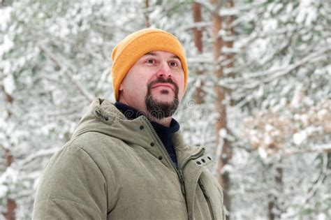 Mature Caucasian Man In Warm Clothes In A Winter Forest Male Hiker Stock Image Image Of