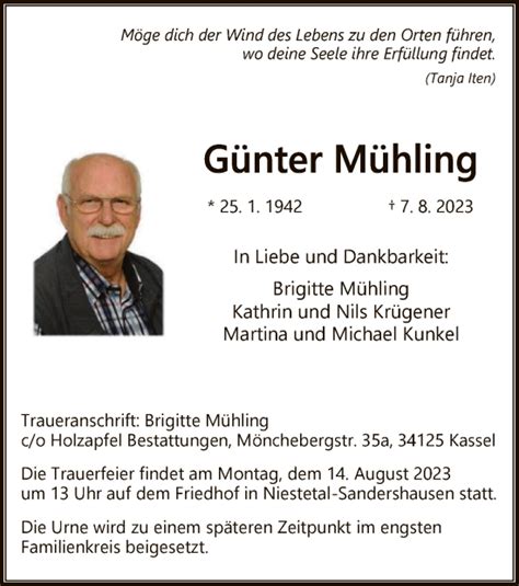 Traueranzeigen von Günter Mühling Trauer HNA de