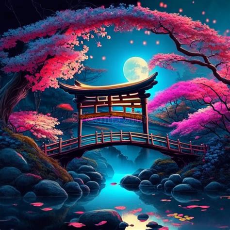 Japanese Garden in Full Moon Light 3d Rendering Illustration. Japanese ...