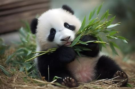 Cute Baby Panda with Bamboo | Premium AI-generated image