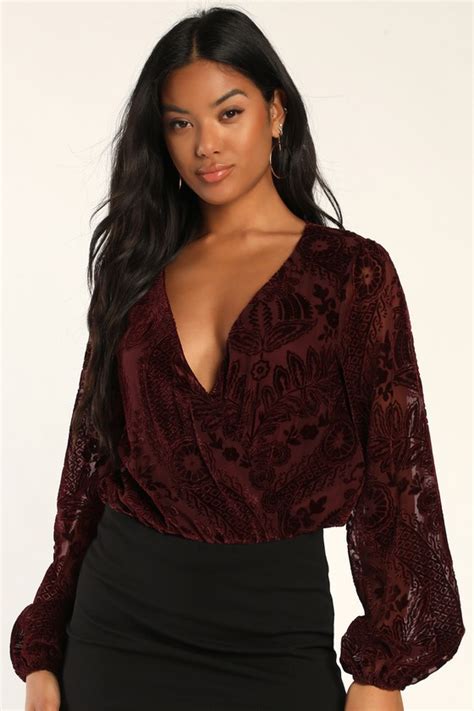 Burgundy Velvet Bodysuit Chic Bodysuit Long Sleeve Bodysuit Lulus