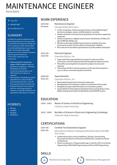 Maintenance Engineer Resume Samples And Templates Visualcv