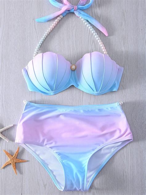 43 OFF Halter Pearl Embellished Ombre Seashell Bikini Set Rosegal