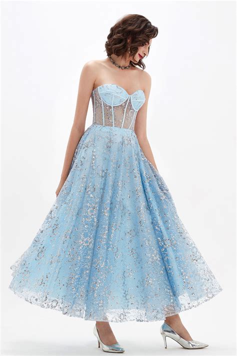 Shiny Blue Corset Polyester Bone Tulle Party Ball Dress 04210232