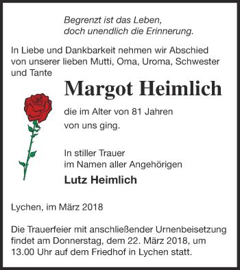 Traueranzeigen Von Margot Heimlich Trauer Nordkurier