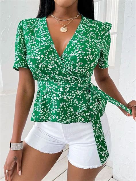 Ditsy Floral Knot Side Wrap Blouse