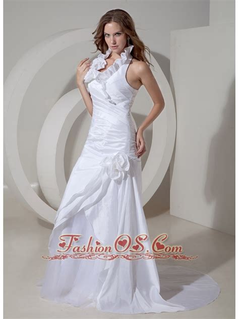 Customize A Line Halter Wedding Dress Taffeta Hand Made Flowers Court