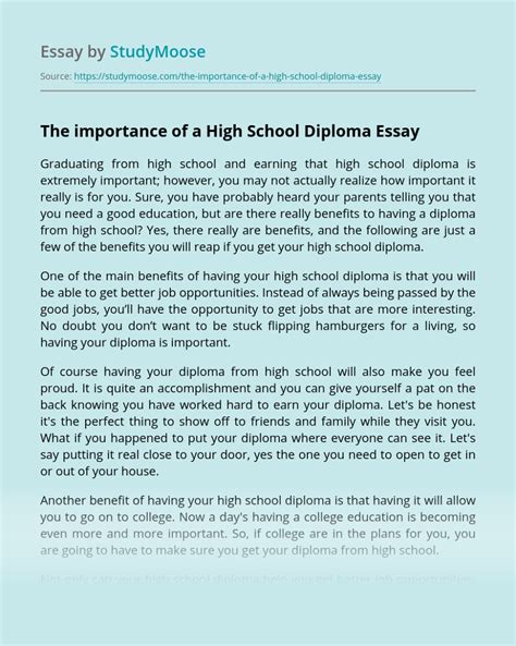 The Importance Of A High School Diploma Free Essay Example High