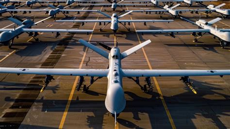 An army of military drones stands on the runway of a military airfield ...