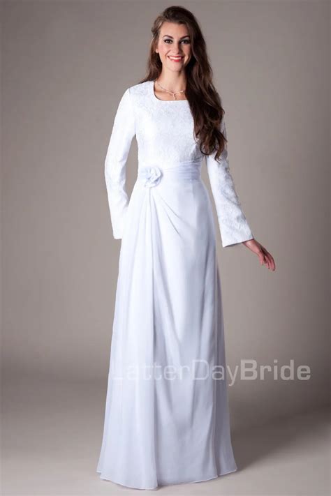 2016 Simple Modest White A Line Long Floor Length Full Long Sleeves Chiffon Lace Temple Wedding