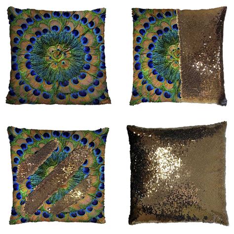 PKQWTM Peacock Feathers Reversible Mermaid Cushion Cover Home Decor