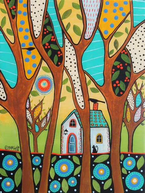 Whispering Trees X Original Canvas Painting Birds Cat Folk Art