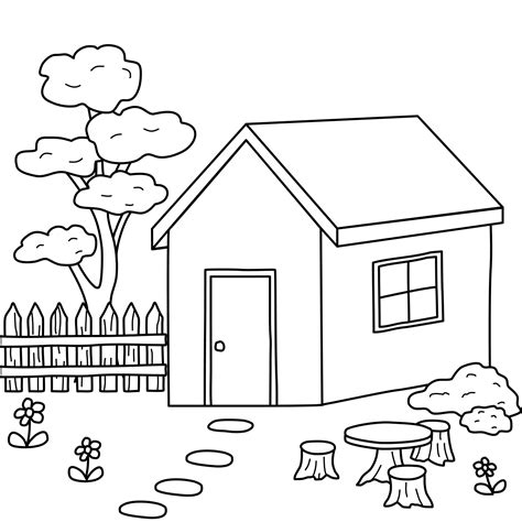 House Drawing With Village Environment For Coloring Children Book