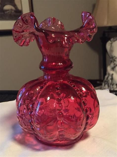 Fenton Cranberry Pink Hobnail Ruffled Vase 5 12 Tall Etsy Cranberry Glass Cranberry