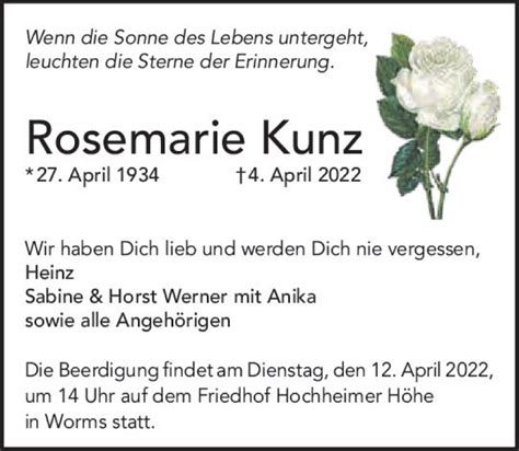 Traueranzeigen Von Rosemarie Kunz Vrm Trauer De