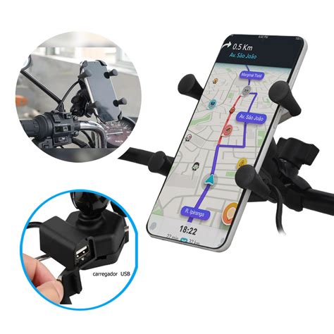 Suporte De Celular Para Moto Carregador Usb Gps Articulado Garra